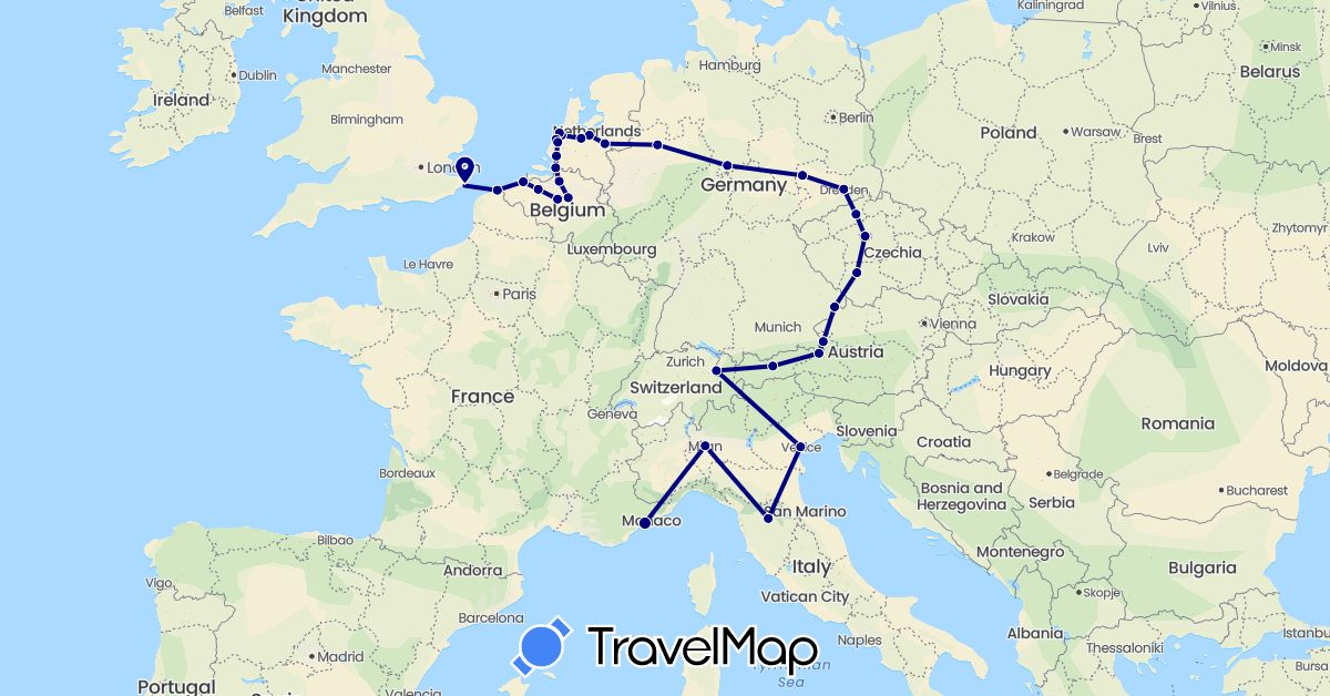 TravelMap itinerary: driving in Austria, Belgium, Czech Republic, Germany, France, United Kingdom, Italy, Liechtenstein, Netherlands (Europe)